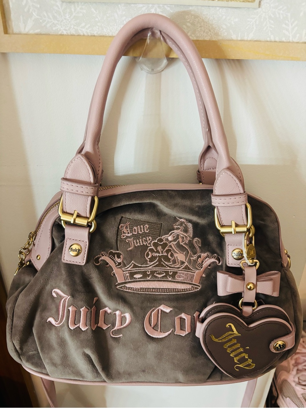 Juicy Couture Pink and Brown Velvet Satchel with Heart Charm
